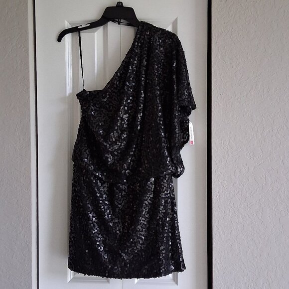 Jessica Simpson Black Sequin One Shoulder Flutter Sleeve Dress Women's Size 10 - Picture 1 of 15